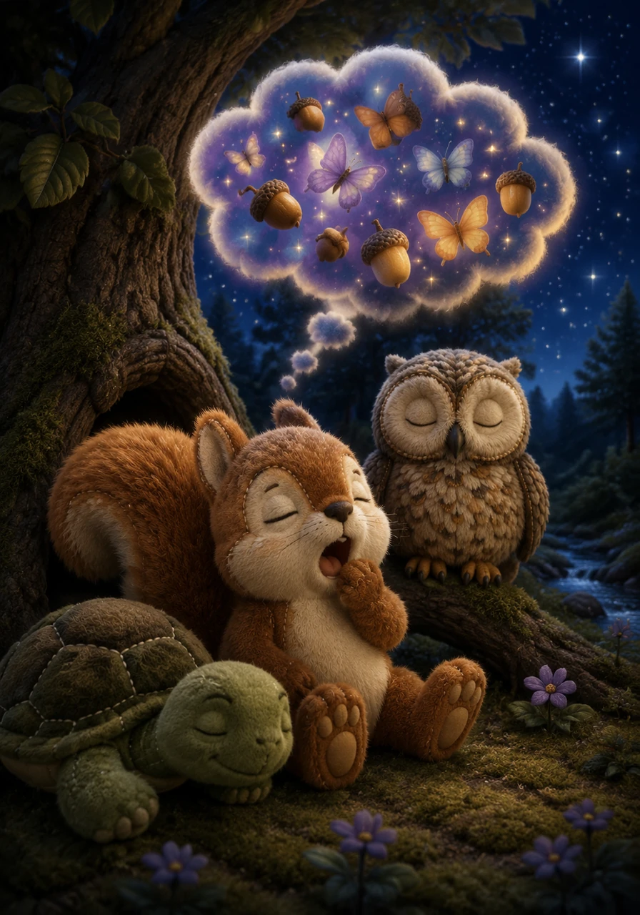 With a long, sleepy yawn, Pip closed his tired eyes and drifted off into a dream of acorns and butterflies. The whole forest was now asleep, tucked under a quiet blanket of starlight and peace.