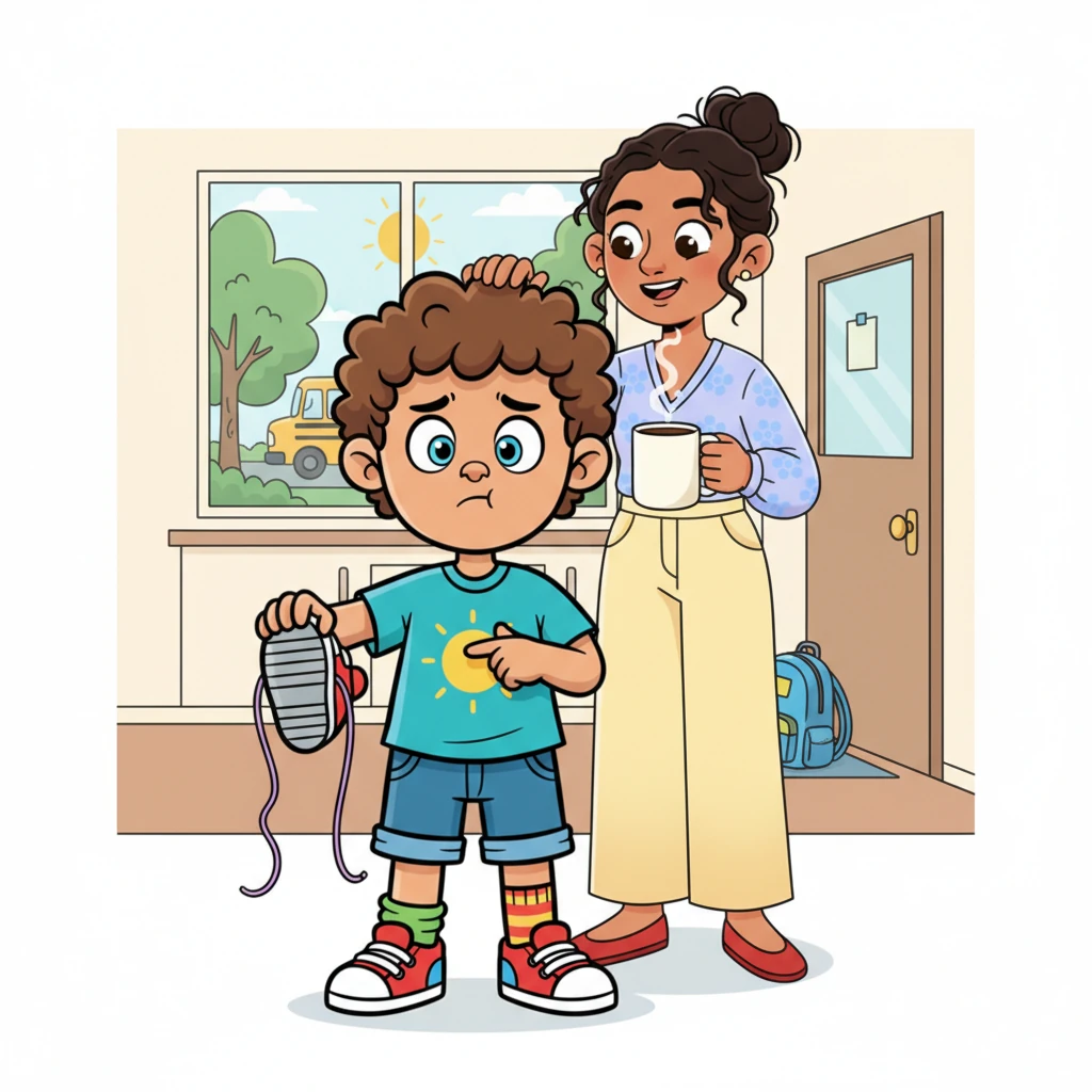 Liam holds up his sneaker, a loose thread dangling, convinced his shoes are eating his socks. His mom, sipping coffee, playfully dismisses his worry, calling his shoes "hungry for adventure." She encourages him to hurry for the bus, ruffling his hair with a smile.