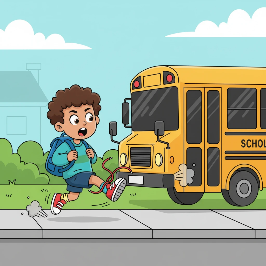 Liam races down the sidewalk, his backpack bouncing, the morning air fresh with the scent of cut grass. He skids to a halt as the bus doors hiss open, his untied laces flopping comically. The shoe mystery is temporarily forgotten in the rush.
