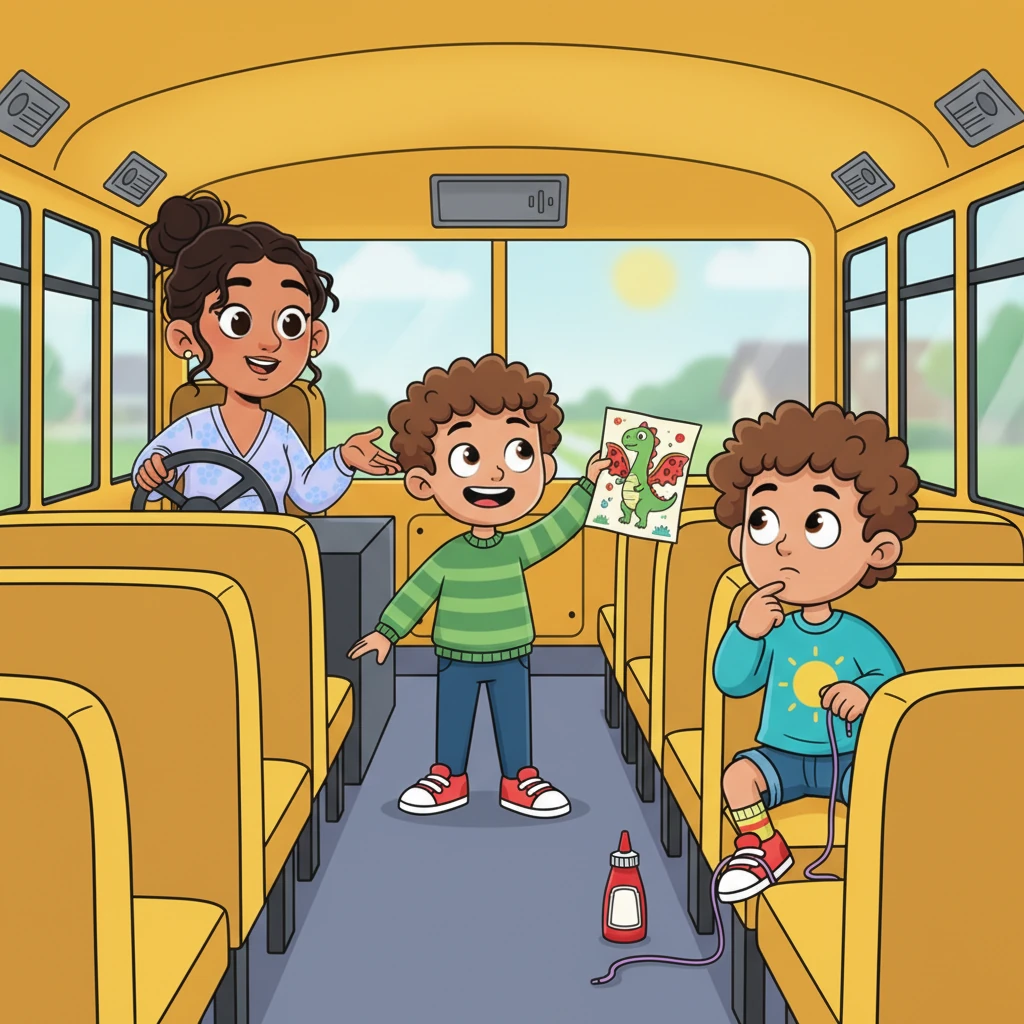 Inside the bus, Jamal enthusiastically waves a drawing of a dinosaur with pizza wings, complete with pepperoni spots. Mrs. Patel, the bus driver, reminds everyone to sit down and hold onto their "pizza dragons." Liam fumbles with his laces, pondering if dinosaurs truly enjoy ketchup.