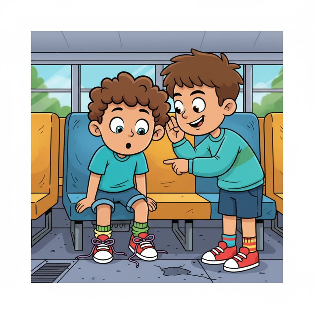 As the bus hums along, Liam finally ties his laces, but Jamal whispers a teasing "Bet your socks are *still* getting eaten." Liam peeks under his seat, finding one sock bunched strangely at his heel. He wiggles his toes, and the sock wiggles back mysteriously.