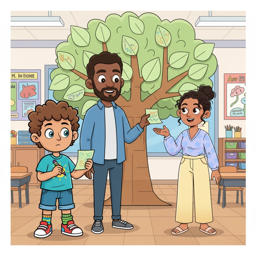 In class, Mr. Boone presents a giant paper tree, inviting students to "plant idea seeds." Liam writes "WHY DO SOCKS DISAPPEAR?" on a leaf-shaped sticky note and adds it to the tree. Beside him, Sofia speculates that perhaps socks are "escaping to somewhere better."