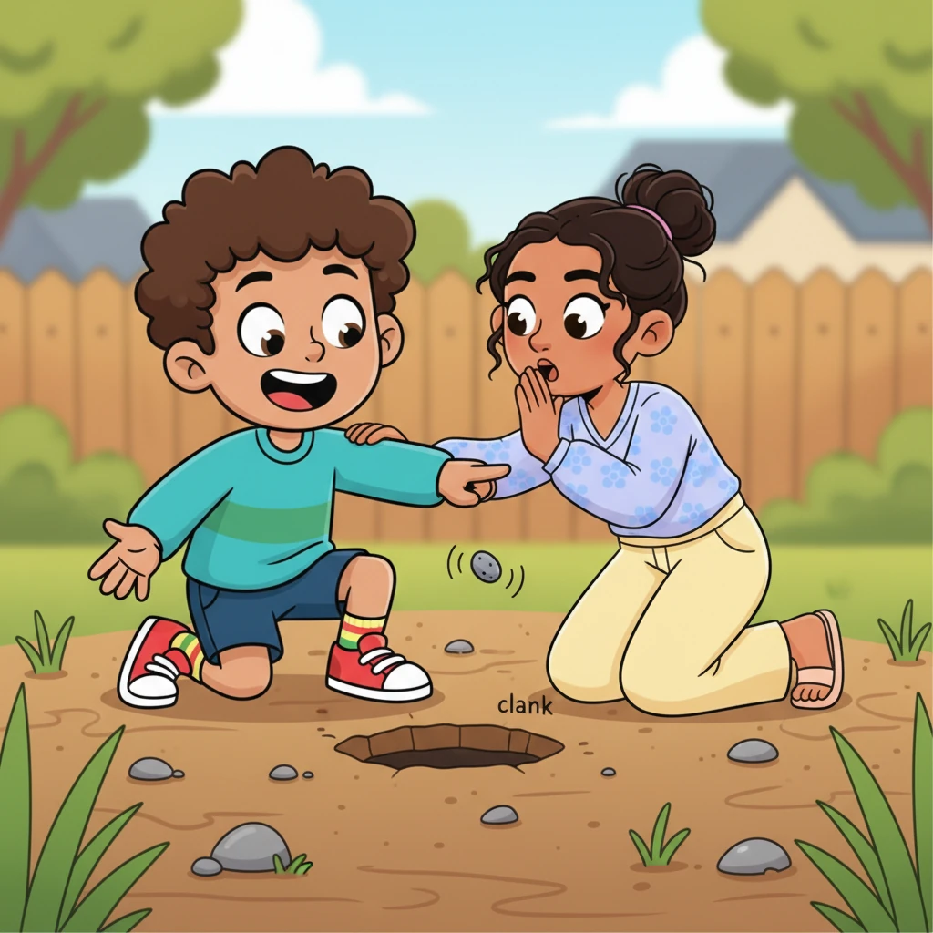 Jamal immediately crouches, exclaiming "Told you!" as a dropped pebble triggers a faint clank from the hole's depths. Sofia's eyes widen with wonder, nudging forward to whisper, "What if... it’s a *secret laundry world*?" The mystery deepens.