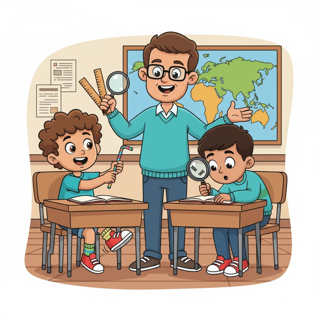 Back in class, a restless Liam bounces his knee, eager to investigate the tiny hole. Mr. Boone, sensing their curiosity, holds up a ruler, a magnifying glass, and a straw, explaining that "problem-solvers sometimes need tools." Liam grabs the straw like a magic wand, while Jamal magnifies the hole, spotting "tiny clothespins" inside.