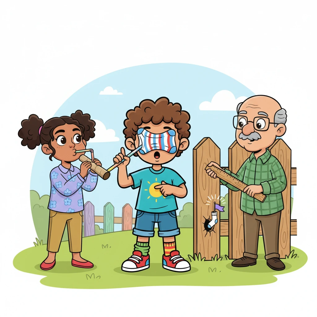 Sofia bravely blows through the straw, and a striped sock shoots out like a party streamer, landing on Liam's face, smelling faintly of blueberries. Mr. Boone explains that airflow moves light objects, then taps the fence with a ruler. A high-pitched "Hey!" echoes from the hole, followed by another tiny sock sailing up like a white flag, proving that "negotiation works too."