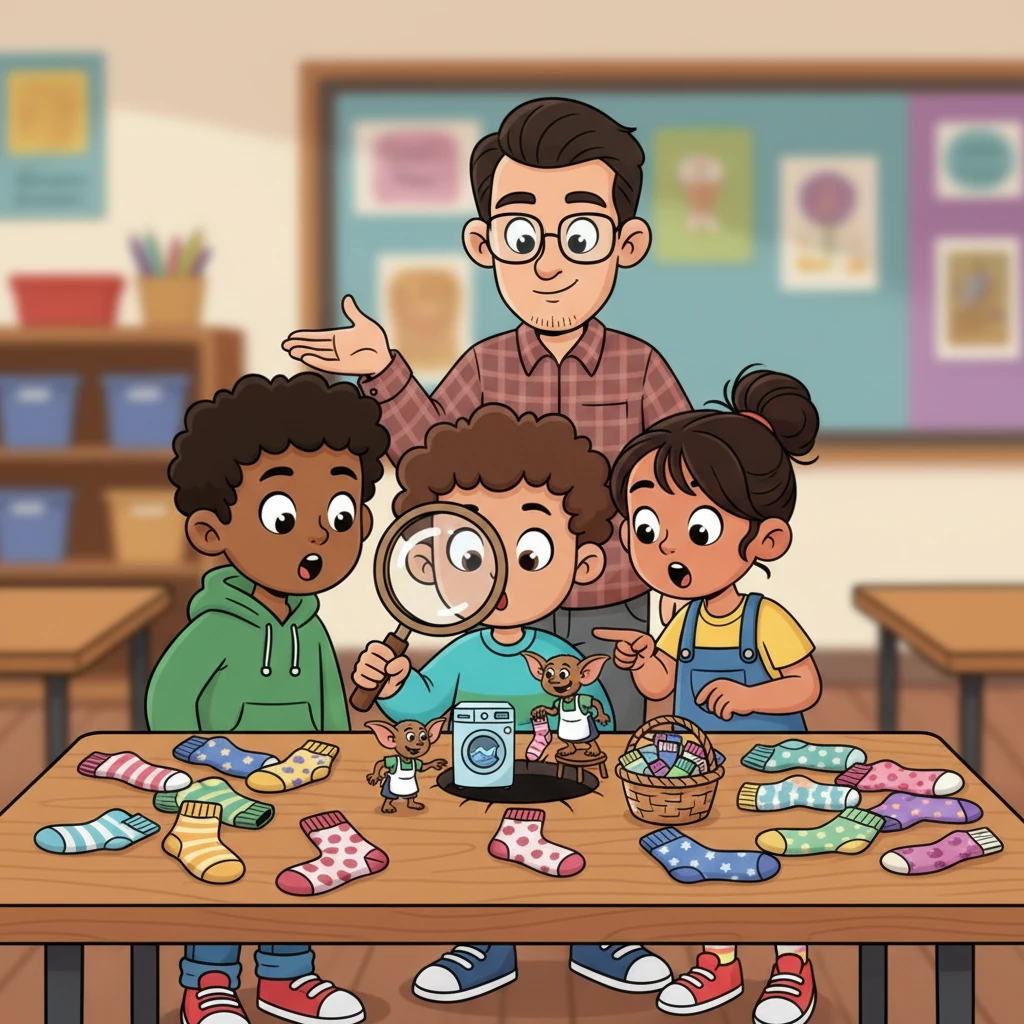 The classroom table is soon covered in a collection of unique, escaped socks, each with a story. Peering into the hole with the magnifying glass, Liam, Jamal, and Sofia discover tiny creatures in aprons, scurrying around a microscopic washing machine. Mr. Boone reveals them as the "elusive *Sockulus Foldicus*," explaining they "borrow" socks for "practice" for the "Big Laundry Day." The children watch in awe as a tiny gremlin launches a perfectly folded sock into a basket, realizing these creatures are training to reunite all missing socks.