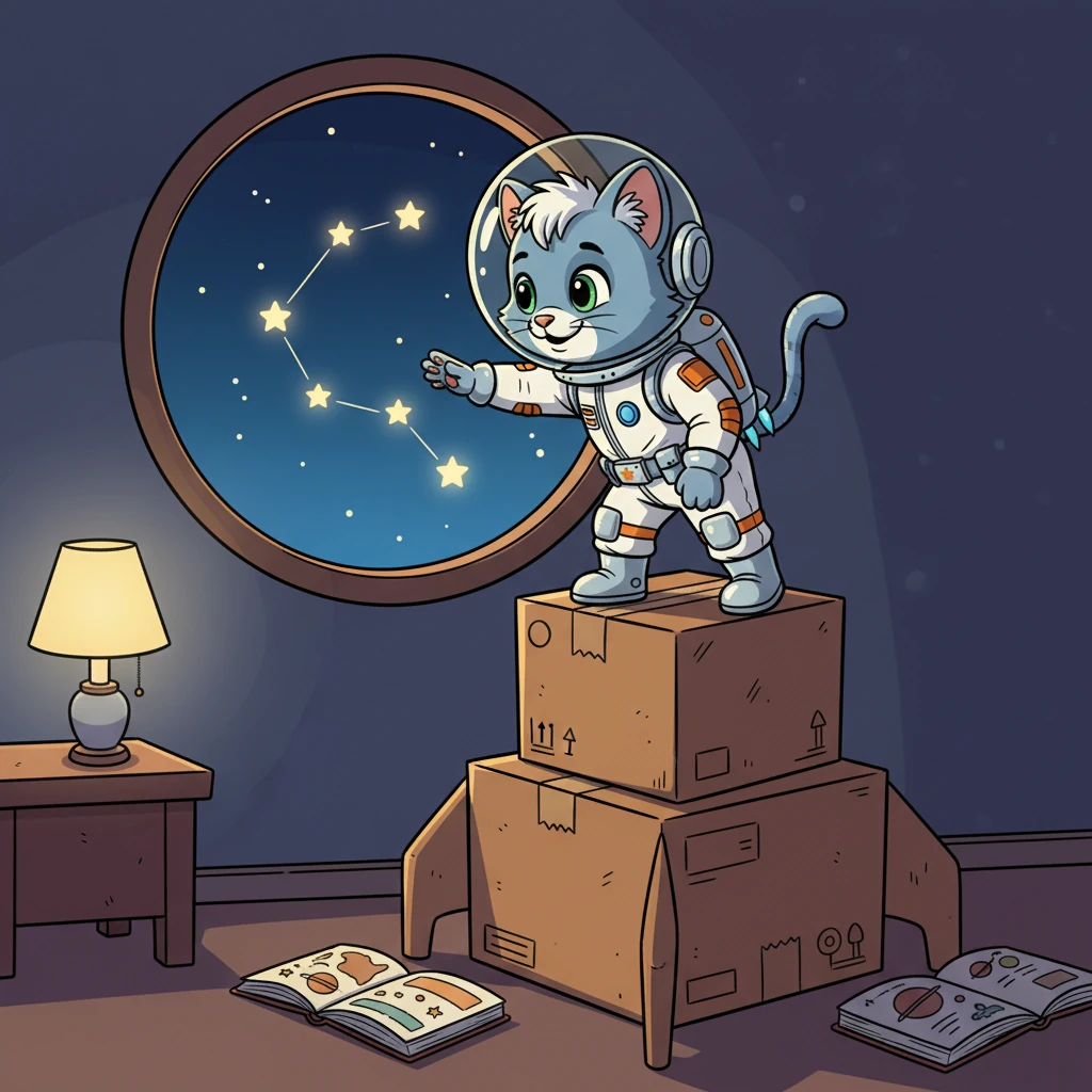 Cosmo, a fluffy ginger cat, gazed at the stars from his window, dreaming of distant galaxies. His eyes sparkled with curiosity, imagining what wonders lay beyond the sky. He spent his days reading books about planets and building miniature rockets from cardboard boxes. He yearned for an adventure among the stars.