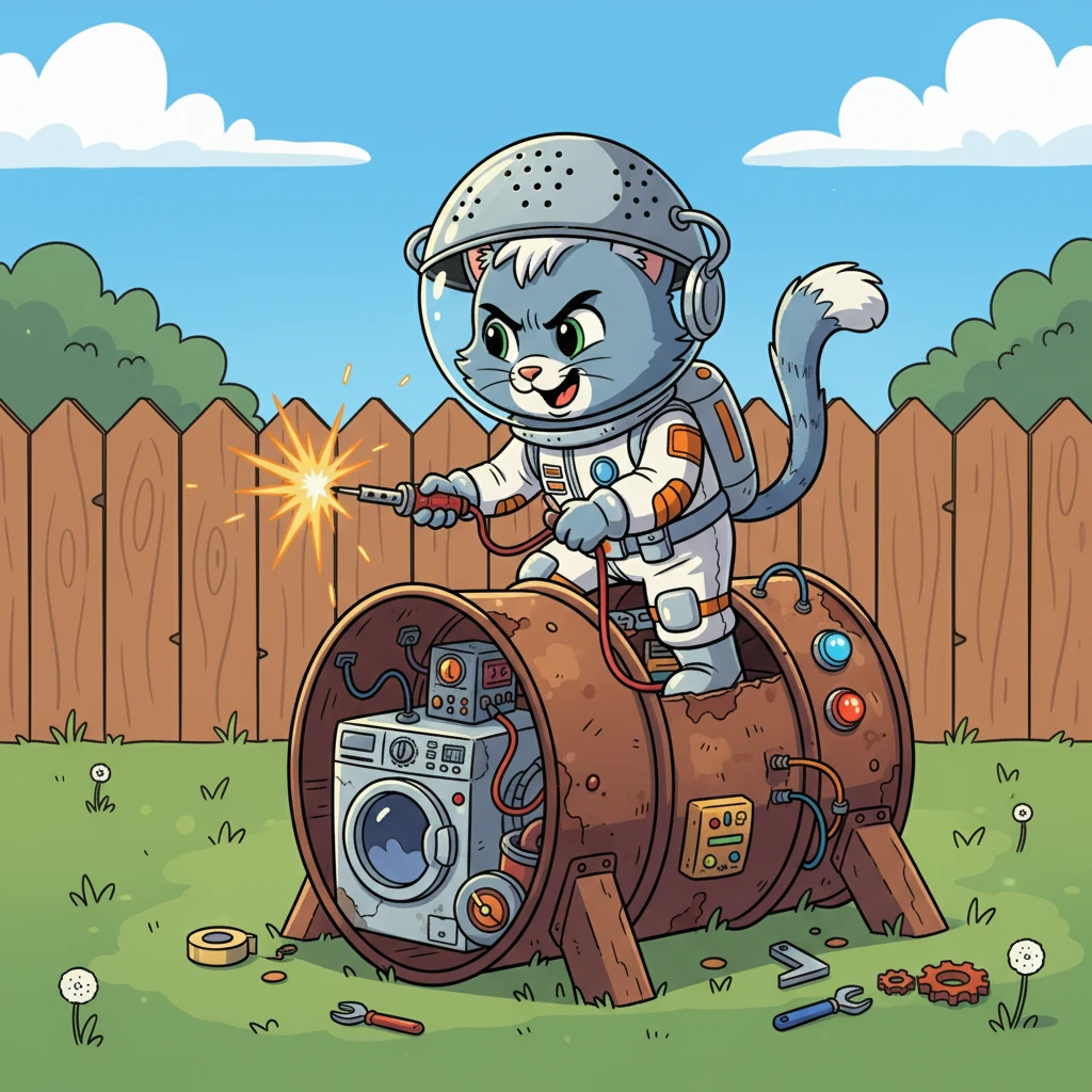 With determined paws, Cosmo worked in his backyard, assembling a real (well, almost real!) spaceship. He used a big metal barrel for the body, old washing machine parts for controls, and a shiny colander for a helmet. Sparks flew as he wired circuits, his tail swishing with excitement.