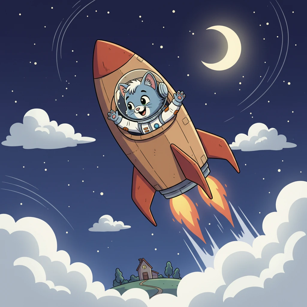 The big day arrived! With a mighty push, Cosmo's homemade rocket rumbled and then blasted off into the night sky. He waved goodbye to his little house, a tiny dot disappearing below. Up, up, up he went, past fluffy clouds and into the endless dark.