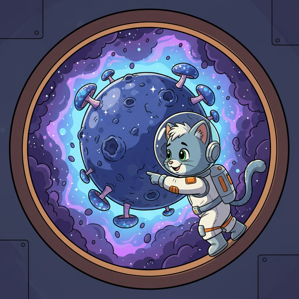 Cosmo peered out his window, marveling at a swirling nebula of vibrant colors. He spotted a planet that looked like a giant blueberry, covered in sparkly, bouncy mushrooms. It was unlike anything he had ever seen in his books. His whiskers twitched with amazement.