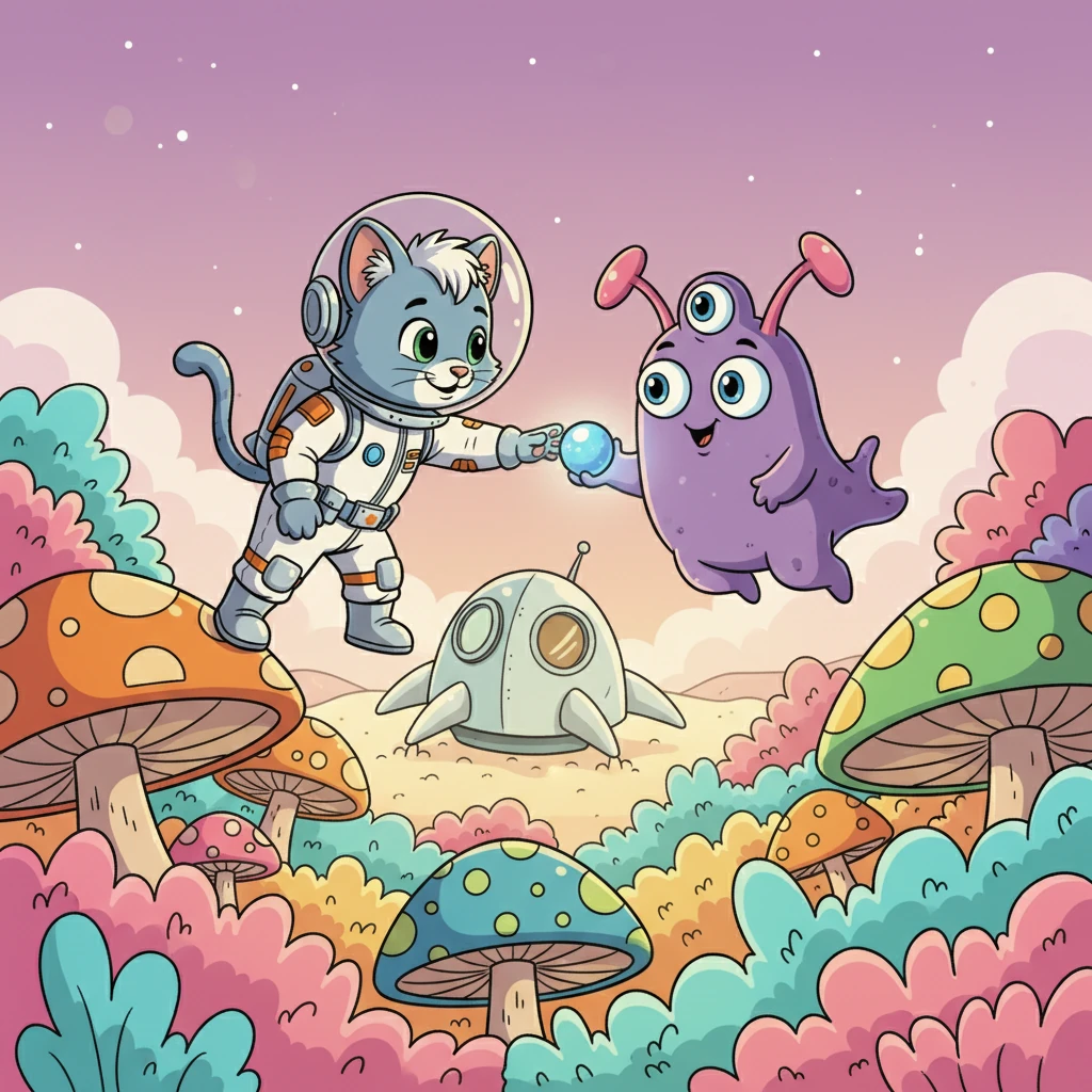 Landing softly on the bouncy mushroom planet, Cosmo carefully opened his spaceship hatch. A friendly, three-eyed alien with wobbly antennae, named Zorp, floated towards him. Zorp offered Cosmo a glowing space-berry, making happy gurgling sounds. Cosmo, a little shy, cautiously accepted.