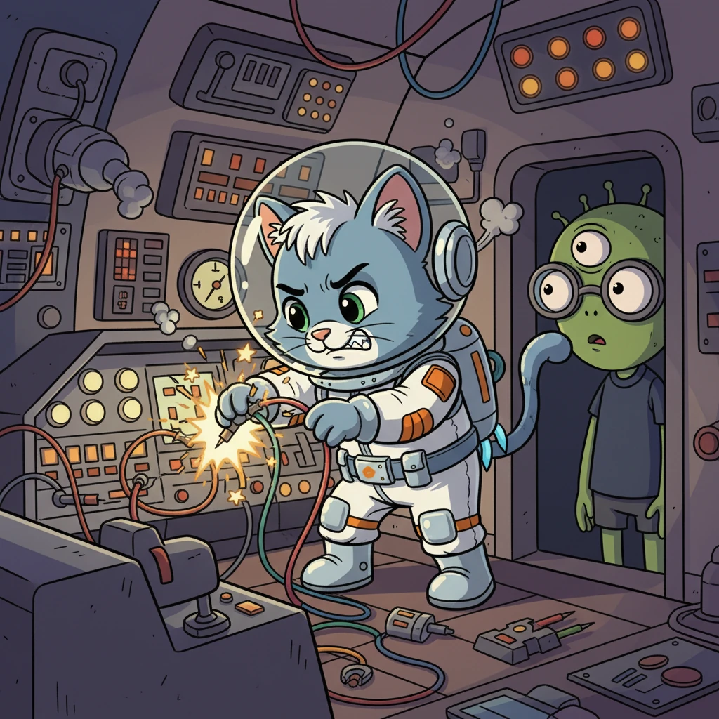 Suddenly, a vital wire in Cosmo's ship began to spark and smoke! Oh no, how would he get home now? He tried to fix it, but his paws were too big for the tiny wires. Zorp looked concerned, realizing Cosmo was in a pickle.