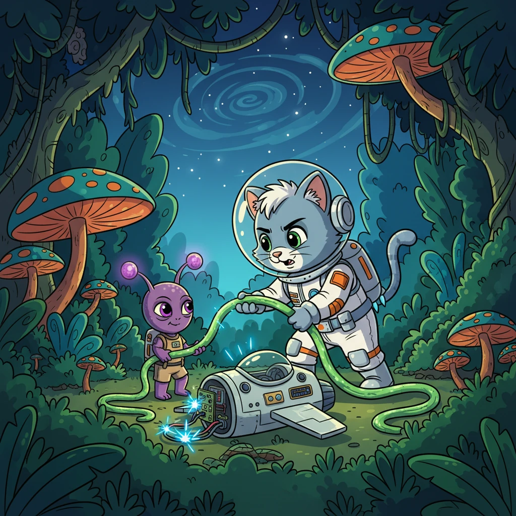 Cosmo remembered a lesson from his science book about conductivity. He pointed to a shiny, flexible vine growing nearby. Zorp, understanding, quickly fetched it, and together they carefully used the vine to mend the broken circuit. The ship hummed back to life!