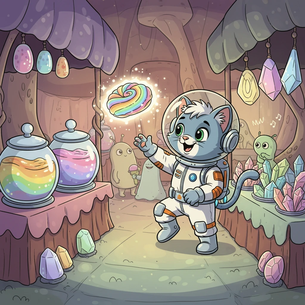 To celebrate, Zorp led Cosmo to a bustling alien market filled with strange and wonderful sights. There were vendors selling rainbow-colored goo, singing crystals, and floating pastries. Cosmo’s eyes widened at the incredible array of extraterrestrial goods.