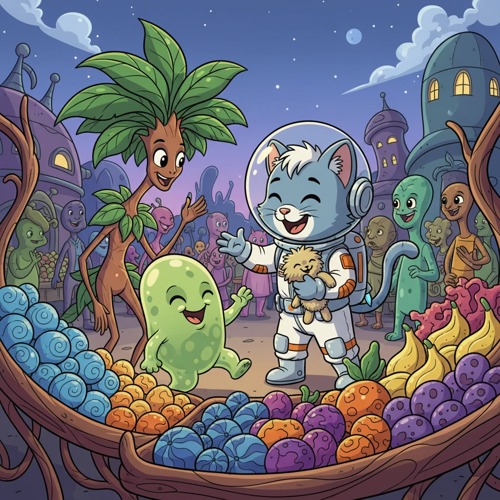 At the market, Cosmo met more friendly aliens: a giggling blob named Squish, and a tall, leafy creature called Flora. They all shared stories and laughed, communicating with gestures and happy chirps. Cosmo realized space was full of wonderful friends.