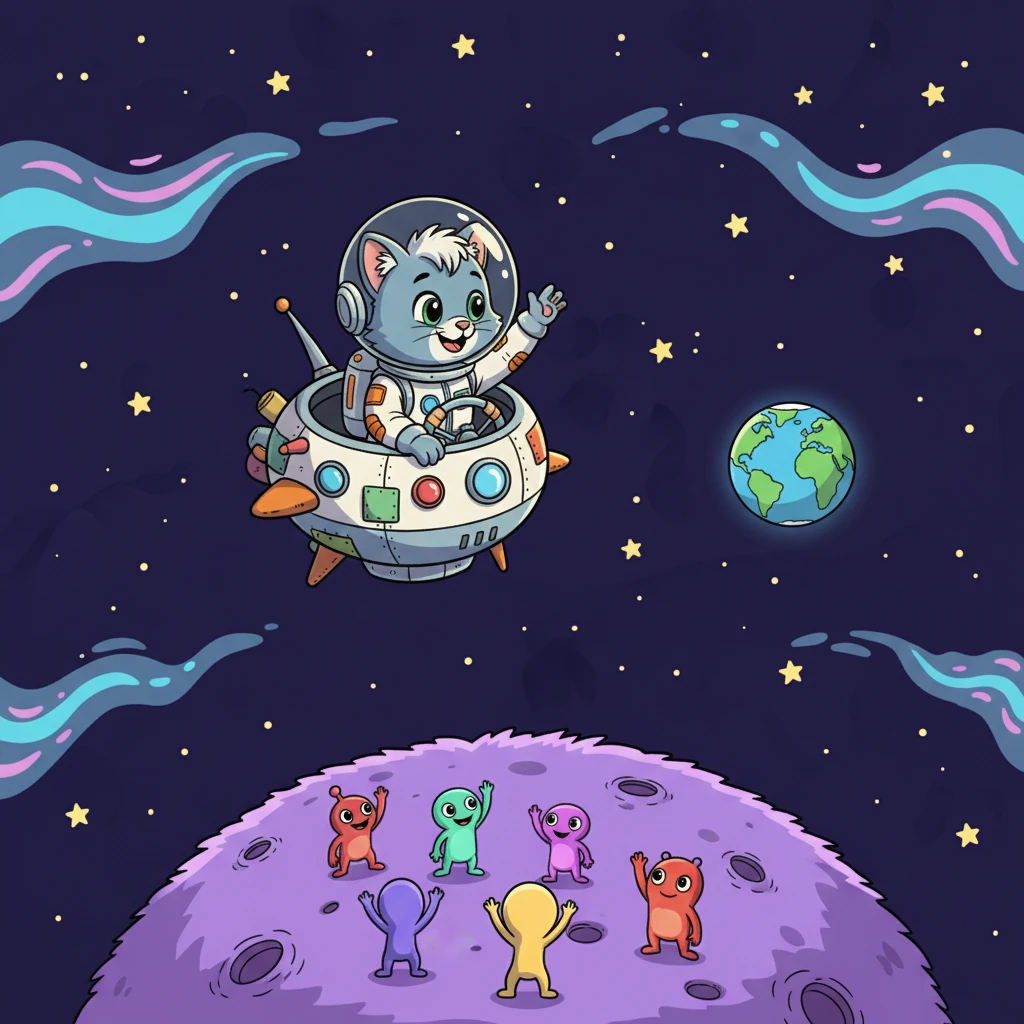 With his ship repaired and a heart full of new memories, Cosmo said goodbye to his alien friends, promising to visit again. He flew back towards Earth, a little wiser and much happier. He knew that the biggest adventures were always waiting for a curious cat like him.