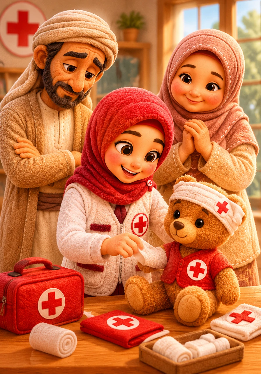 Razan grew into a bright, enthusiastic junior high school student who wore a proud red hijab. Every Tuesday afternoon she practiced beautiful brushstrokes in calligraphy class, and every Wednesday she eagerly trained with the Junior Red Cross, always supported by her loving parents.