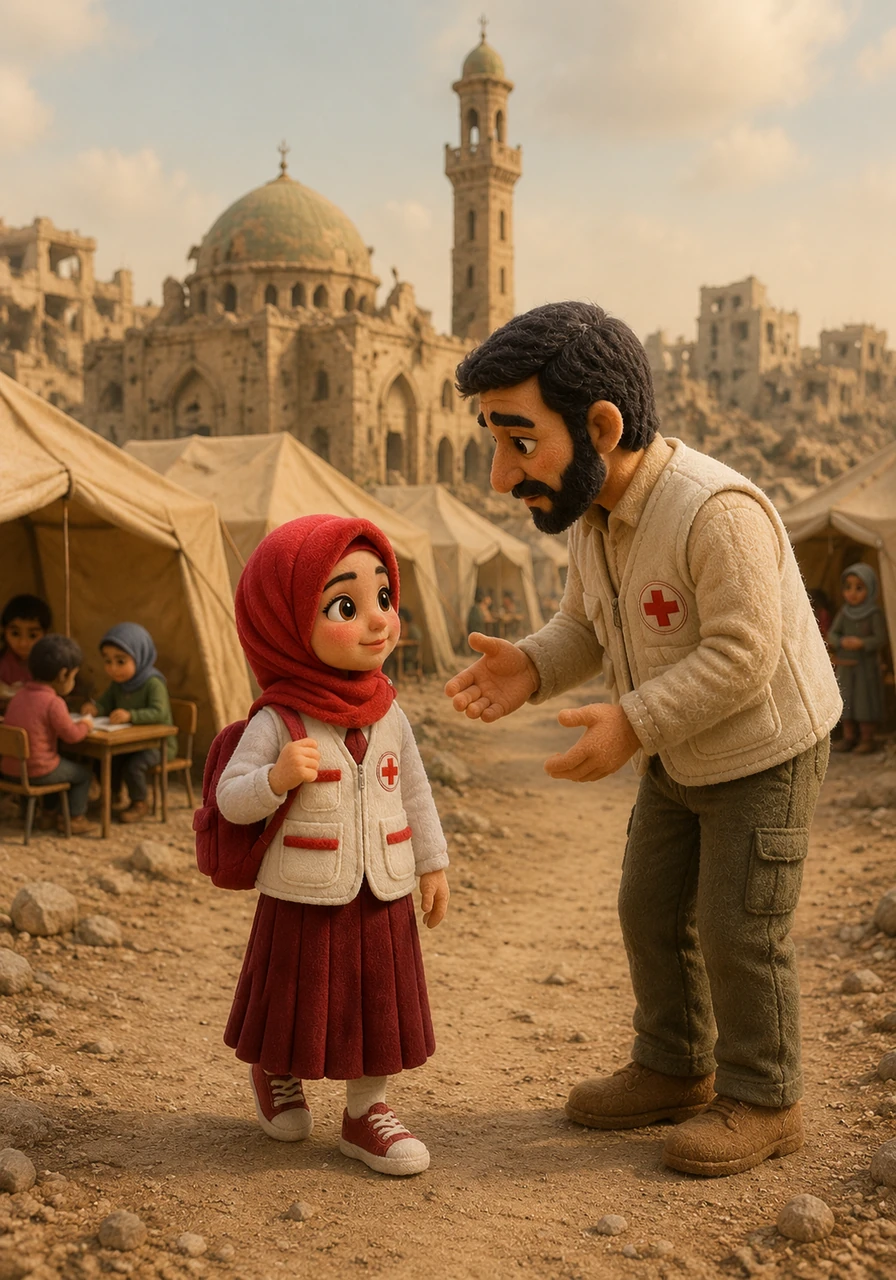 With most of the town in ruins, the survivors set up a temporary camp in front of the mosque, where the children continued their lessons in large tents. As Razan was walking back to her family's tent after class, a medical volunteer stopped her to ask for help.