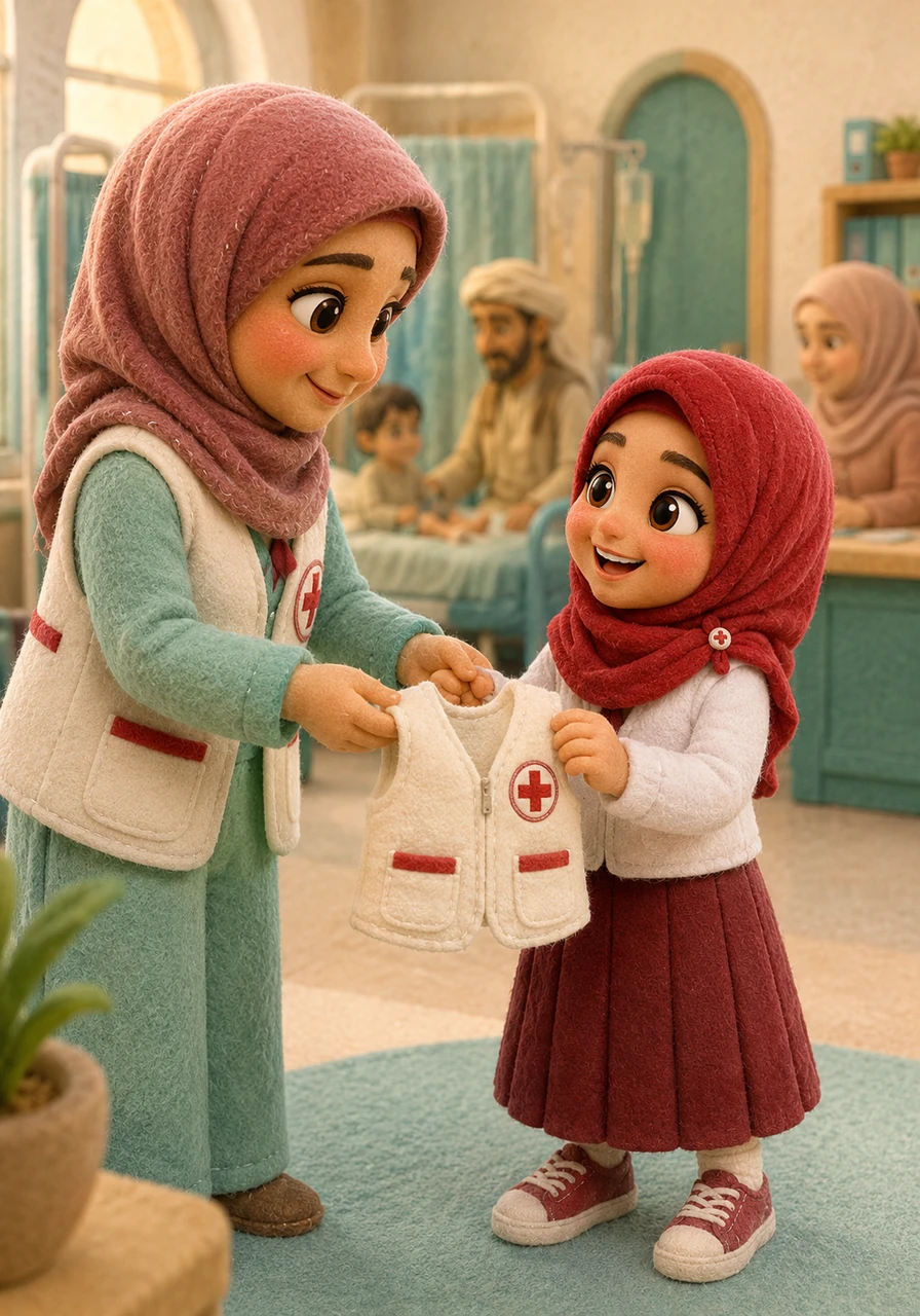 The medical team was short-handed and asked the brave girl in the red hijab if she would join them as a little doctor helper. Without a moment of hesitation, Razan smiled brightly and accepted the white volunteer vest, eager to serve her community.