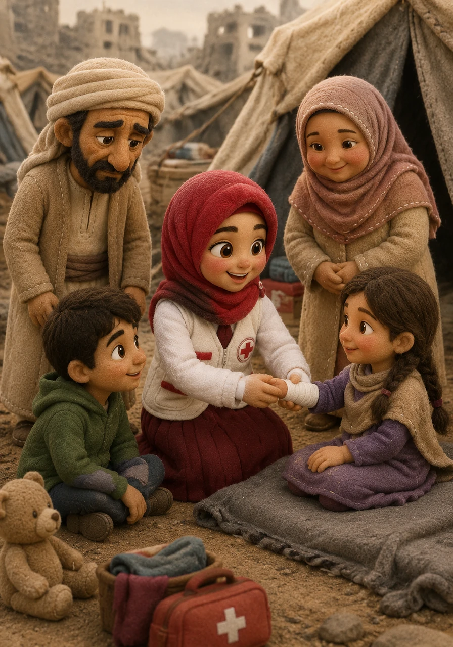 For two weeks, Razan worked tirelessly at the camp, bringing smiles and comfort to injured neighbors and frightened children. She wore her white vest with immense pride, becoming a beloved symbol of hope and healing amidst the devastation.