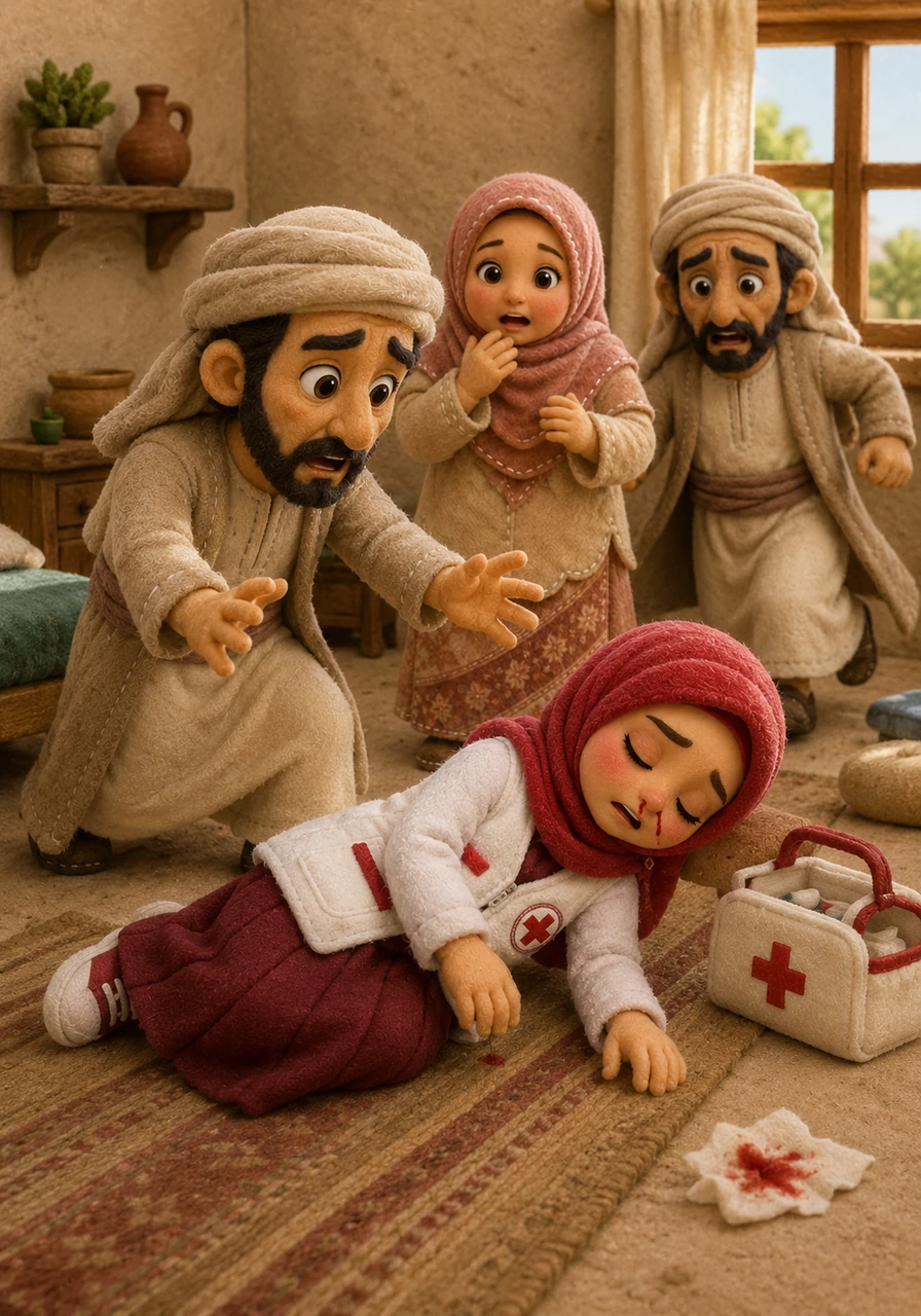 One afternoon, while gently treating a patient, Razan suddenly felt dizzy, her nose began to bleed, and she collapsed to the ground. Her close friend Faris saw her fall and immediately called out in a panic to their friends, Izzat and Raisya, for help.