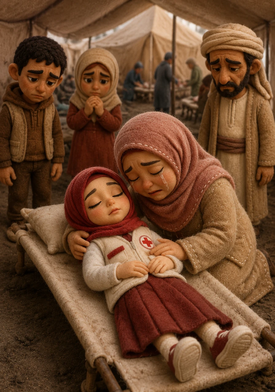The children quickly placed Razan on a stretcher and rushed her to the main medical tent as fast as their legs could carry them. Sadly, it was too late, and the dedicated little doctor peacefully closed her eyes for the last time, leaving her mother Shabreen weeping in profound sorrow.