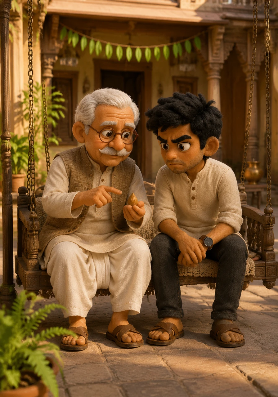અમદાવાદના એક જૂના અને પ્રતિષ્ઠિત મકાનના હિંચકા પર બેસીને ૭૫ વર્ષના અમૃતલાલ દાદા પોતાના ૨૫ વર્ષના પૌત્ર કબીરને હાથમાં કેરીની ગોટલી બતાવી રહ્યા છે. આસોપાલવના તોરણથી શણગારેલા આંગણામાં સોનેરી સૂર્યપ્રકાશ પથરાયેલો છે અને દાદા ખૂબ જ શાંતિથી કબીરને સમજાવી રહ્યા છે કે મહાન સંપત્તિ એક રાતમાં નથી બનતી, પણ રોજ થોડું પાણી પાવાથી બને છે.