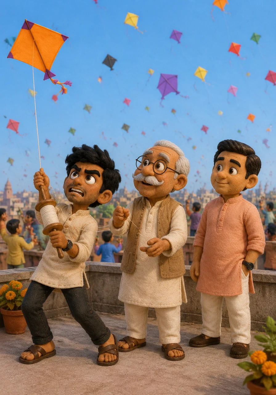 ઉતરાયણના તહેવાર પર આખું આકાશ રંગબેરંગી પતંગોથી ભરાઈ ગયું છે અને અગાસી પર આખો પરિવાર હાજર છે. કબીરની પતંગ પવનના ઝાપટાથી ડોલવા લાગે છે ત્યારે દાદા તેને દોરી ઢીલી મૂકવાનું કહે છે, જે બજારની અસ્થિરતા (Volatility) દરમિયાન શાંત રહેવાનો મોટો પાઠ આપે છે.
