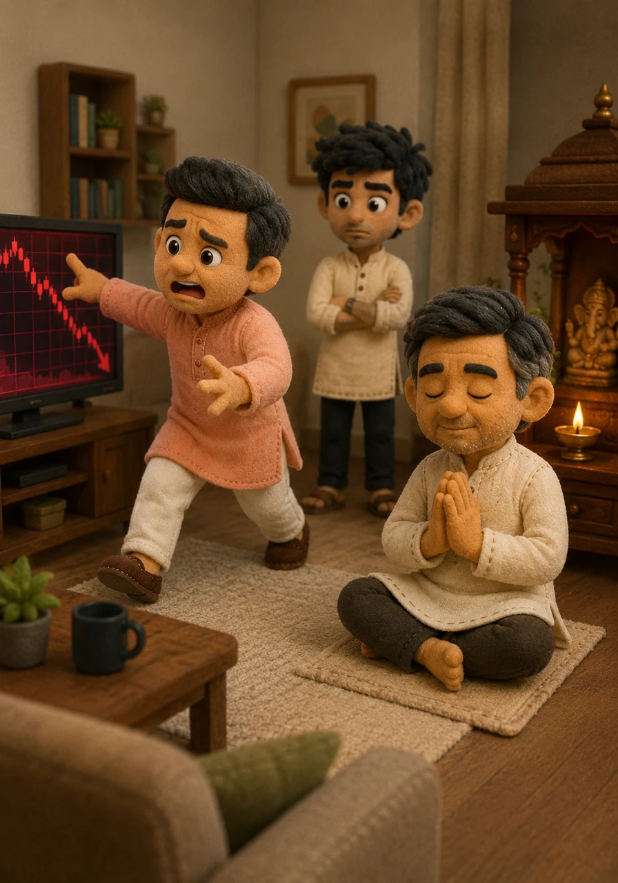 બજારમાં ભારે કડાકો આવતા જ ટીવી ન્યૂઝ જોઈને કબીરના કાકા ઘરમાં ગભરાઈને દોડી આવે છે અને બધું વેચી દેવાની જીદ કરે છે. ઘરમાં તણાવનું વાતાવરણ છે, પણ દાદા ભગવાનના દીવા સામે હાથ જોડીને અત્યંત શાંત મુદ્રામાં બેઠા છે અને દરેકને શાંતિ જાળવવાનો સંકેત આપે છે.