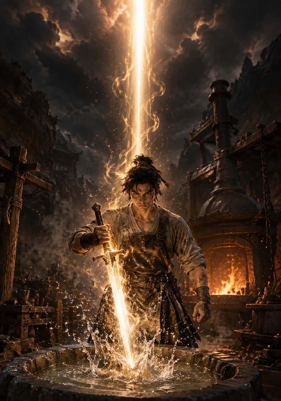 For forty-nine days and nights, Tianming labors over the roaring furnace, his hands scarred but unyielding as he pours his own spiritual energy into the metal. When the blade is finally quenched in sacred spring water, a brilliant light pierces the clouds, revealing the legendary sword known as Forever Echo.