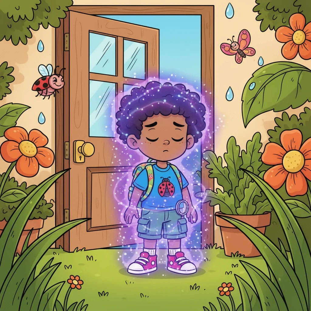 With his homework complete, Azai raced to the back door. He stepped outside, closed his eyes, and imagined himself shrinking. A magical shimmer surrounded him, and the world transformed.