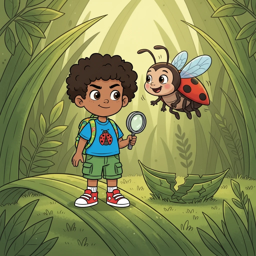 Suddenly, the grass became a towering jungle, and a friendly ladybug, Benny, buzzed excitedly before him. Benny explained that a leaf boat was broken, and they needed help to fix it. Azai, now bug-sized, was ready for action!