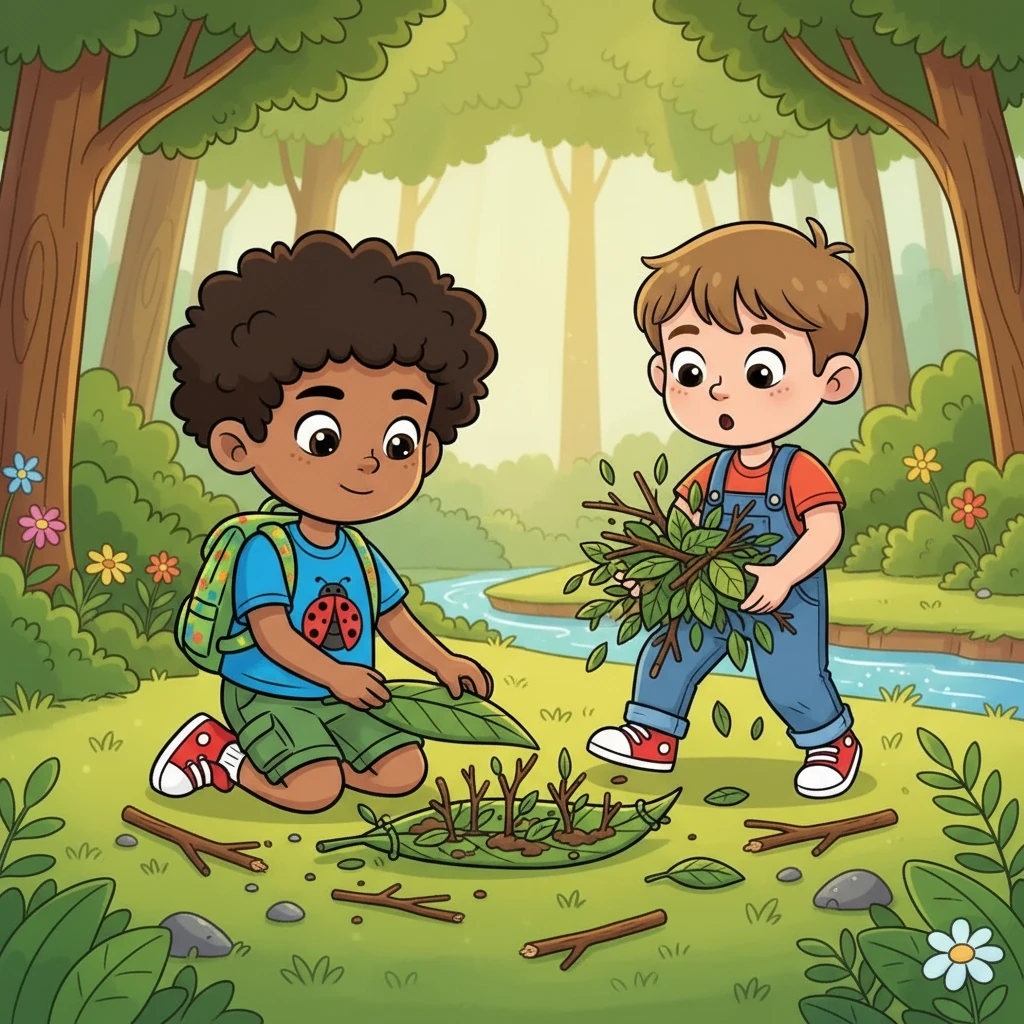 Azai and Benny worked together, gathering tiny twigs and leaves. Azai used his clever problem-solving skills, while Benny provided comic relief with his clumsy antics. They carefully constructed a new, improved leaf boat.