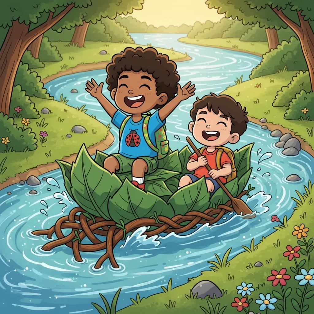 With the leaf boat repaired, Benny and Azai set sail on a miniature river. They laughed and cheered as they navigated the currents, their teamwork making the adventure a success. Azai felt proud of their accomplishment.