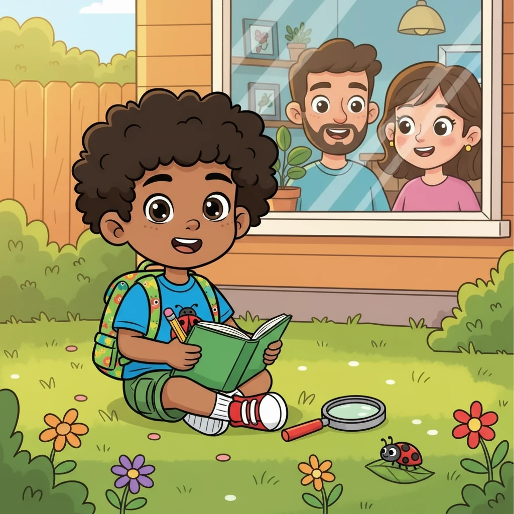 Back in his normal size, Azai smiled, knowing he had made a difference. He opened his Bug Journal and wrote about his adventure, excited for his next bug-sized mission. His parents glanced out the window, smiling at his happy play.