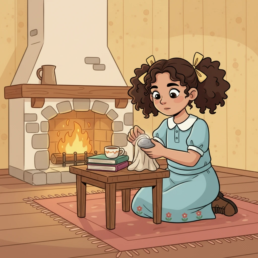 Back in her cozy home, Mariam took the stone out. It had a little dust on it. She found a soft cloth and carefully wiped the stone clean, making it shine a tiny bit.