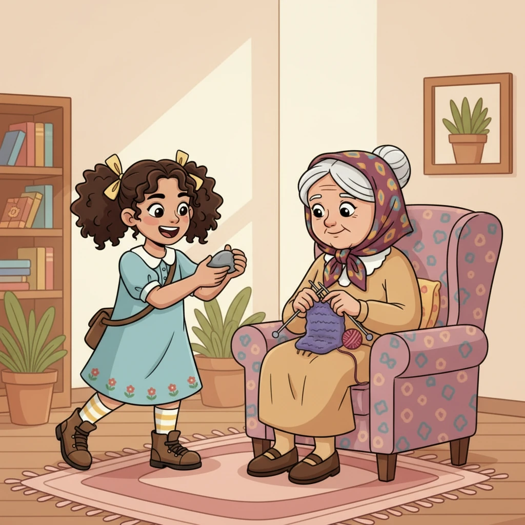 Her beloved grandmother was sitting nearby, knitting. Mariam went to her, holding up the clean stone. "Look, Teta!" she said, "I found a lonely stone." The grandmother, wearing a beautiful scarf, smiled kindly.
