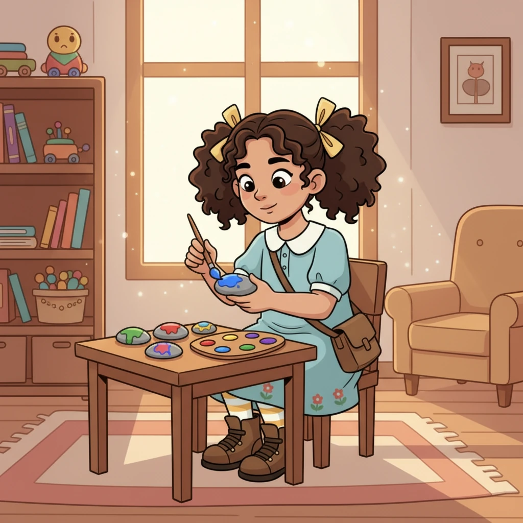 Mariam found her colorful paints and tiny brushes. She sat down at her table, ready to make the gray stone bright. She imagined all the happy colors it could be.
