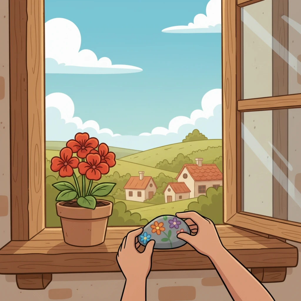 Mariam placed her newly decorated stone on her windowsill. From there, it could see the whole village, the green hills, and the bright blue sky. It looked so happy.