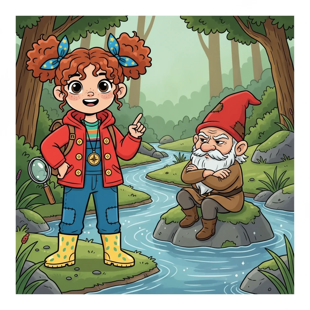 Following Lumi, Elara discovered a babbling brook. She saw a grumpy old gnome sitting on a mossy stone. He grumbled about a lost treasure and refused to help her. Elara realized she had to find a way to make him happier.