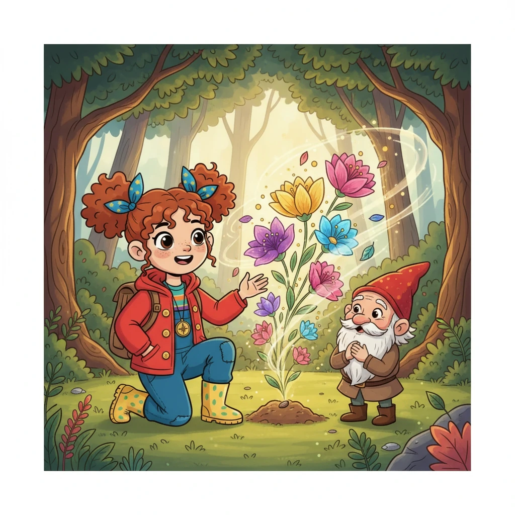 Elara and Lumi planted the seed in the glade. Instantly, radiant flowers bloomed, filling the air with a sweet fragrance. The gnome smiled, his heart warmed by the beauty and kindness. The forest responded with a gentle, joyful breeze.
