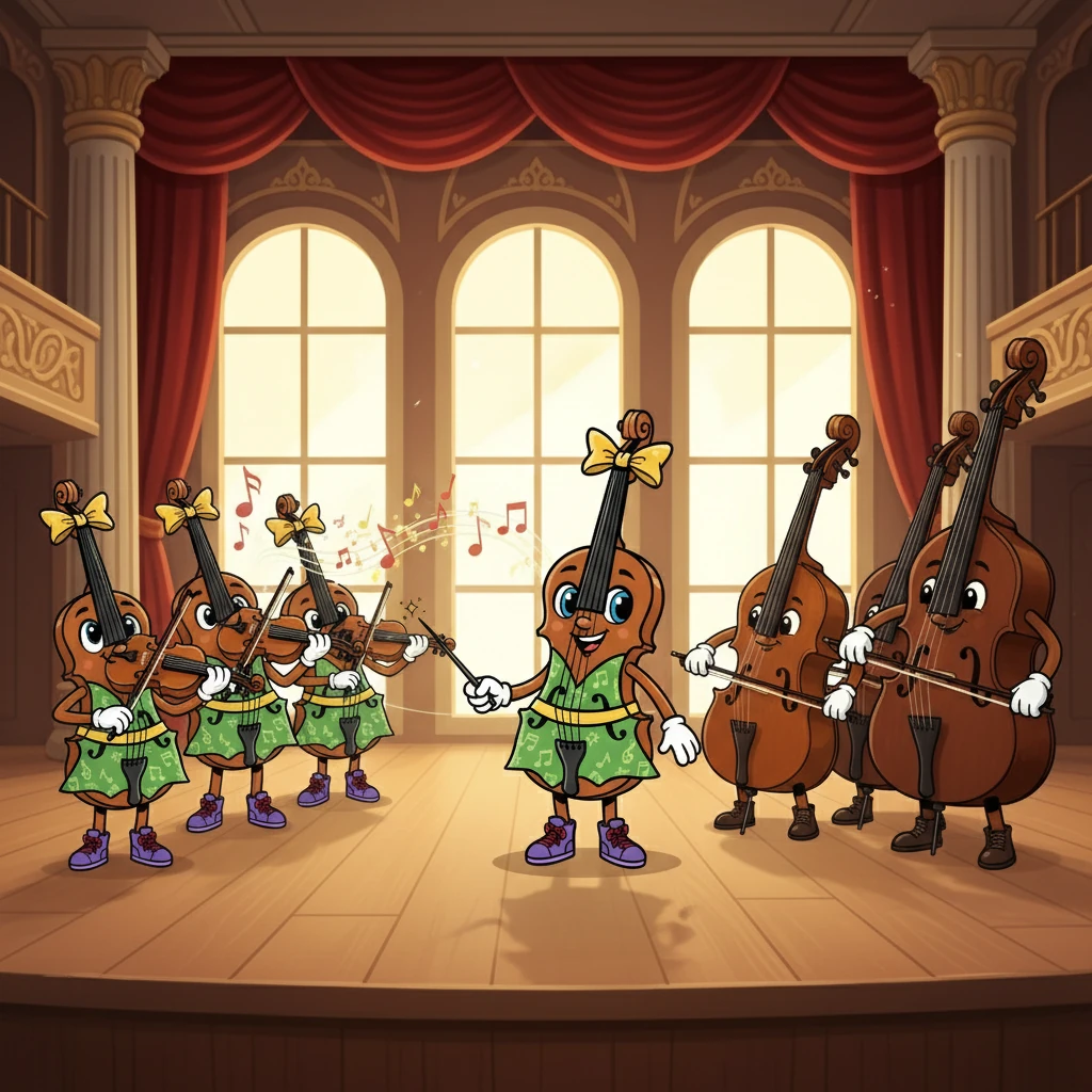 First, Viola visited the string family. The elegant Violins, led by the spirited Violin, were practicing a fast and lively piece. The sturdy Cellos and the deep, rumbling Basses were already tuned, ready to join in.