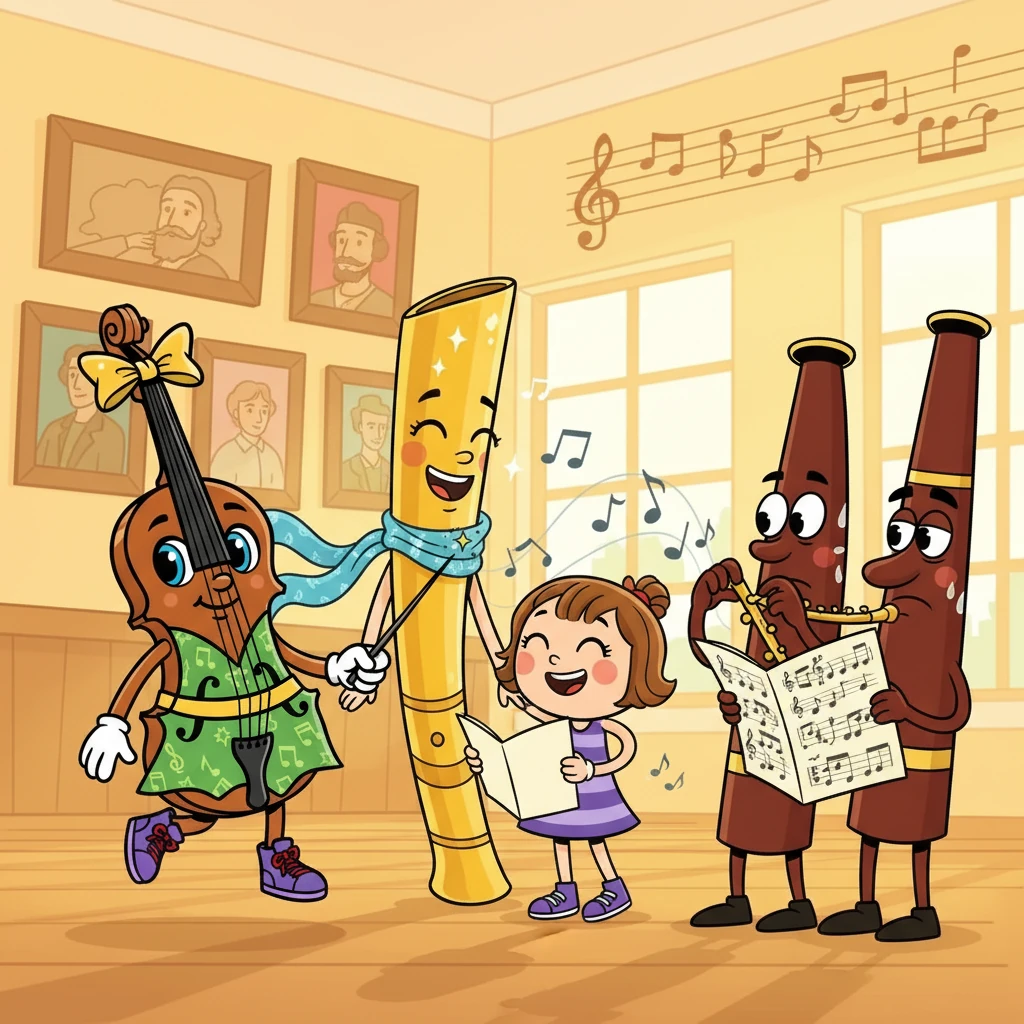 Next, Viola skipped over to the woodwind section. The Flute, with her airy voice, and the playful Clarinet were laughing as they rehearsed a cheerful melody. The Oboe and Bassoon were preparing a more complex tune.