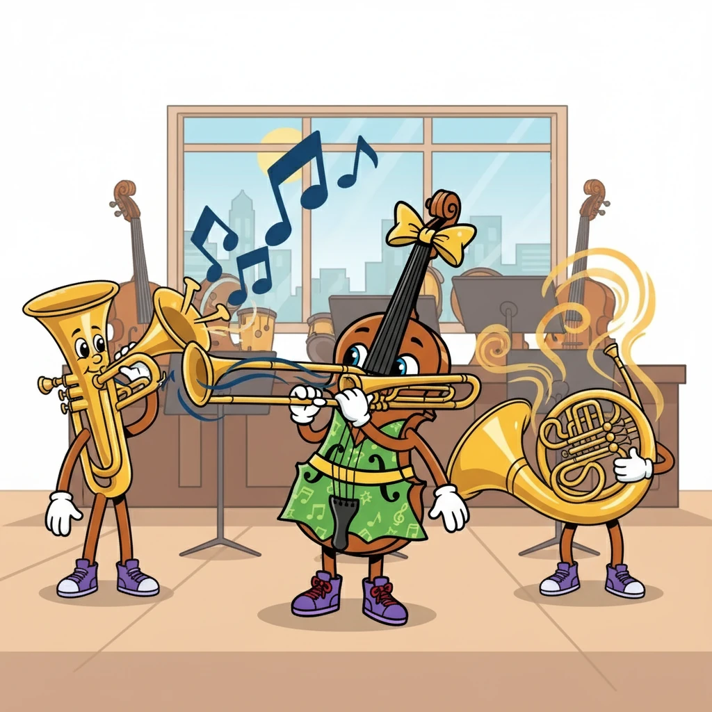 Viola then explored the brass family. The Trumpet, gleaming and proud, was practicing fanfares. The Trombone slid back and forth, producing a deep, resonant sound. The French Horn was preparing a beautiful call.