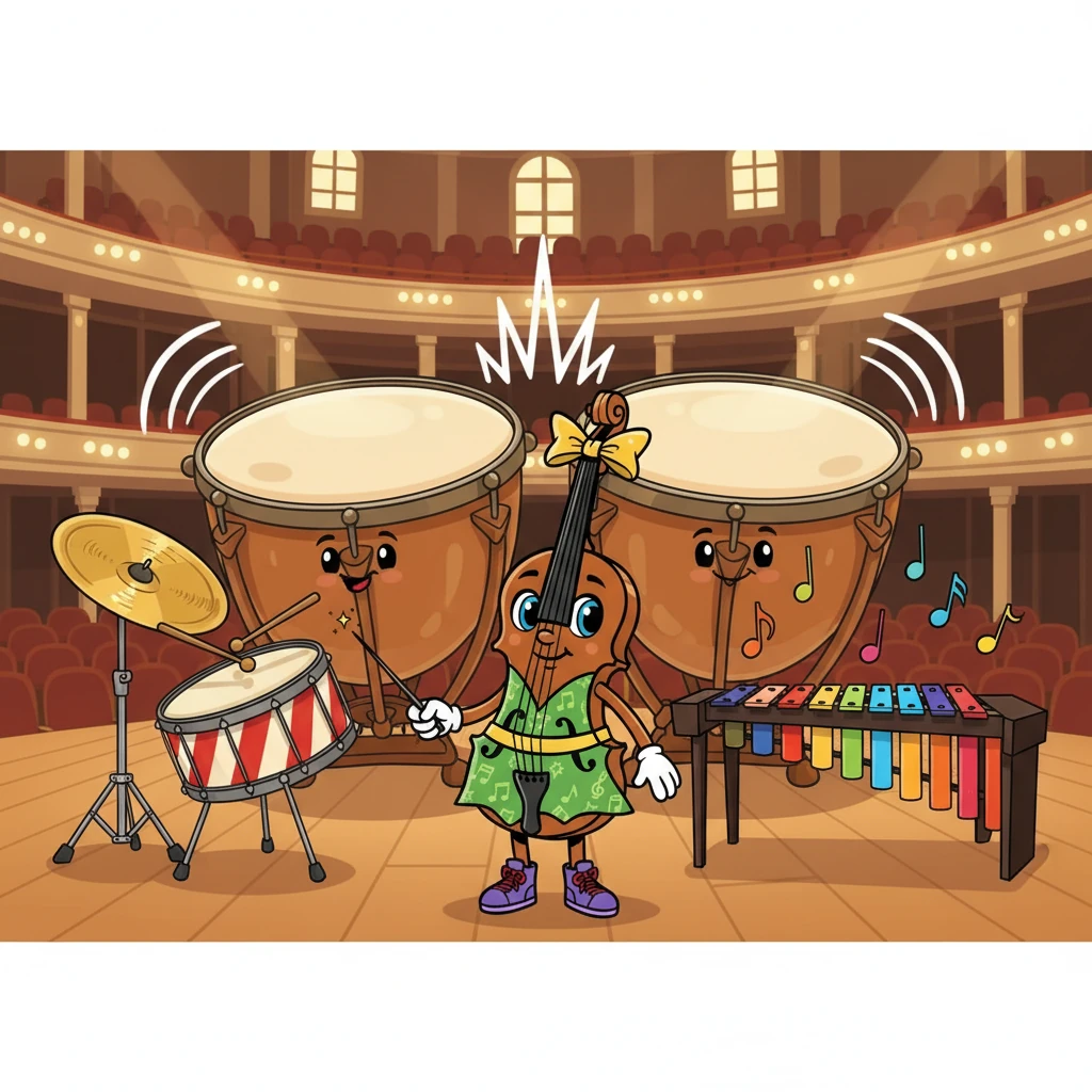 Finally, Viola reached the percussion section. The booming Timpani echoed through the room. The cheerful Cymbal and the energetic Snare Drum were ready to add rhythm and excitement. The Xylophone chimed, completing the vibrant ensemble.