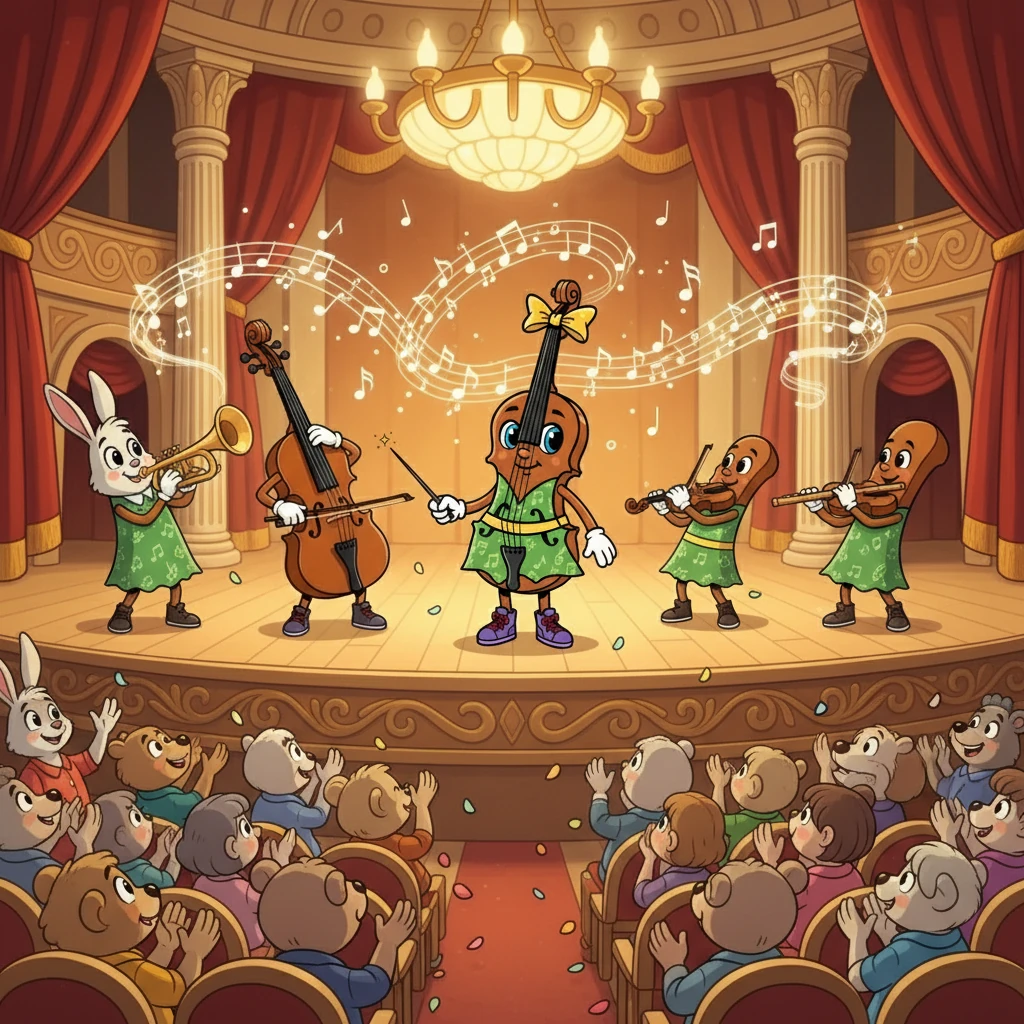As the concert began, all the instrument characters played their parts. Viola, surrounded by her friends, created a beautiful symphony. The audience applauded with glee, celebrating the magic of the orchestra and the joy of playing together.