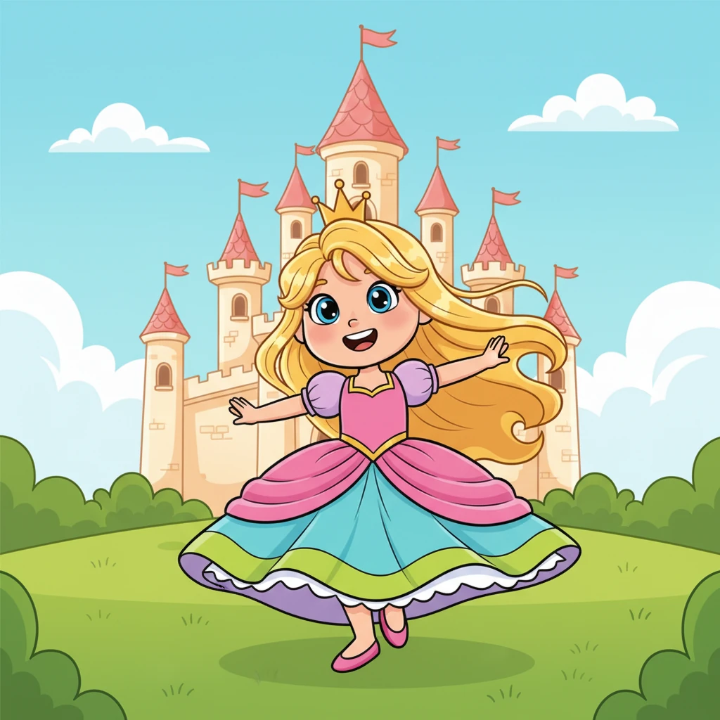 Princess Inka, with her long, bright blonde hair and a cheerful pink dress, giggled as she twirled on the velvety green lawn right in front of her beautiful castle home. The sun warmed her face as she played.