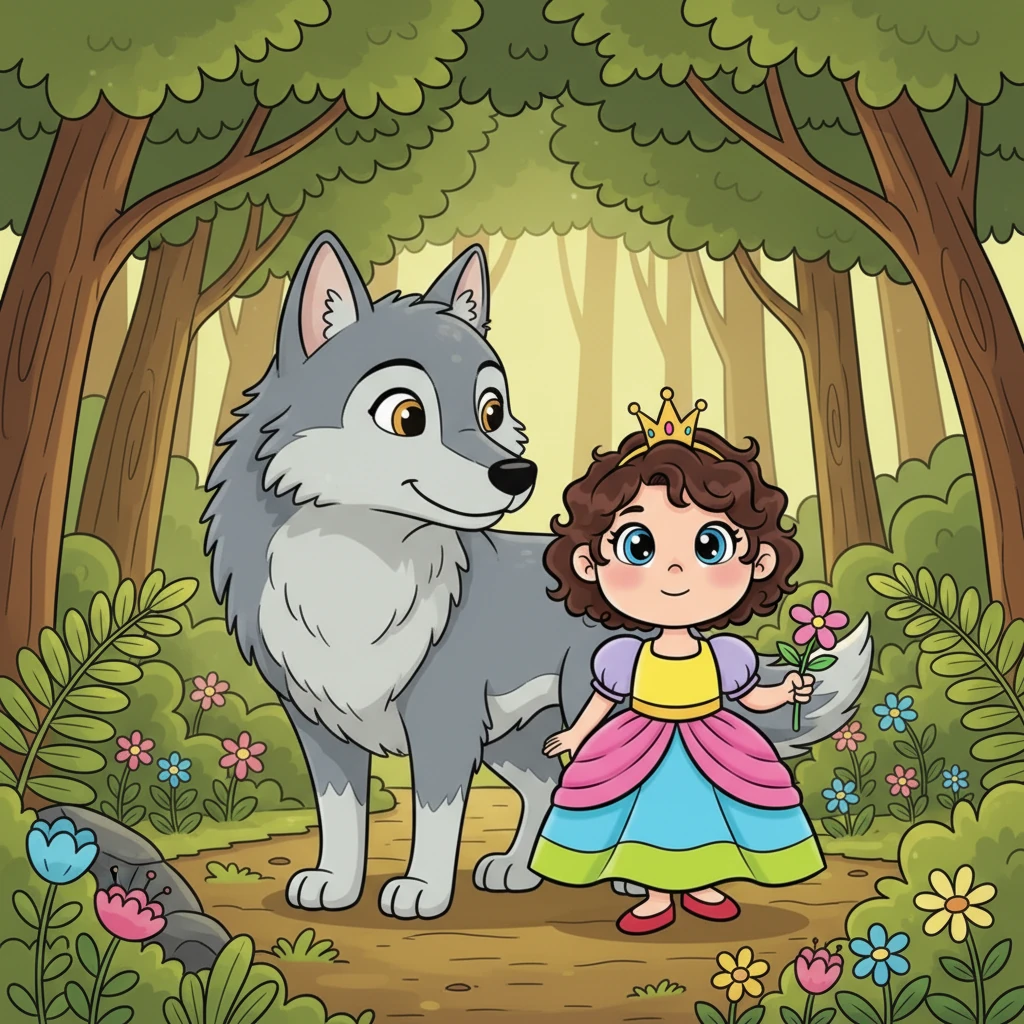 Suddenly, a large, mysterious grey wolf appeared at the forest's edge. With a gentle glance, the wolf invited Inka to explore the whispering woods, and she, full of innocent wonder, followed him into the leafy green depths.