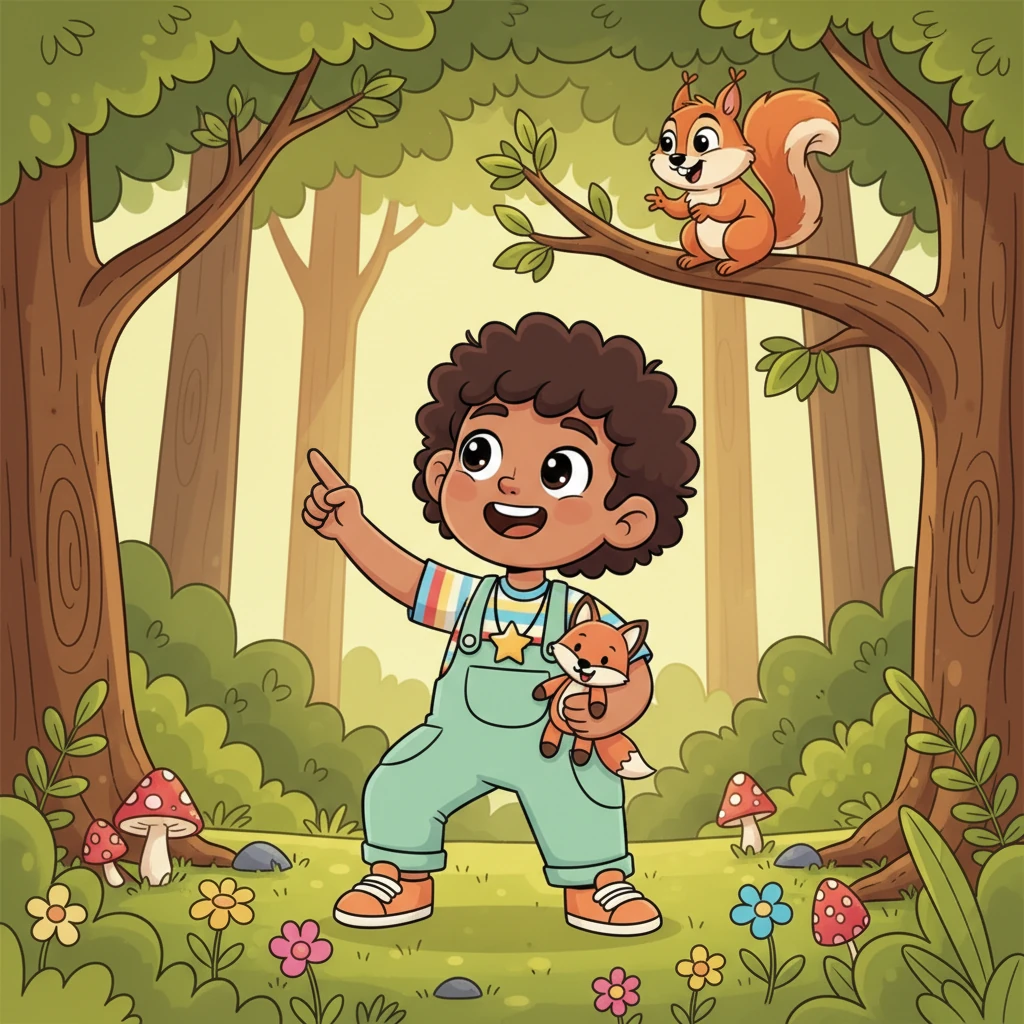 As Natan ventured deeper, he spotted a helpful squirrel named Ola perched on a branch. Ola chattered excitedly, telling Natan she had seen a large, friendly wolf and a little princess heading further into the enchanting woods.