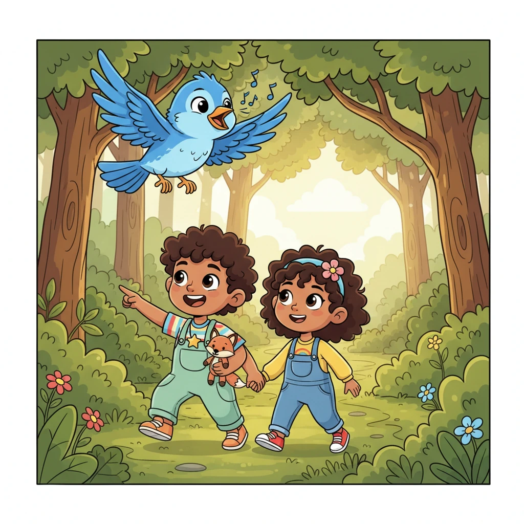 Just then, Stefan, a friendly sparrow with bright blue feathers, fluttered down from a high branch. He chirped a happy tune, soaring above Natan and Ola, leading them directly towards a hidden clearing with his guiding flight.